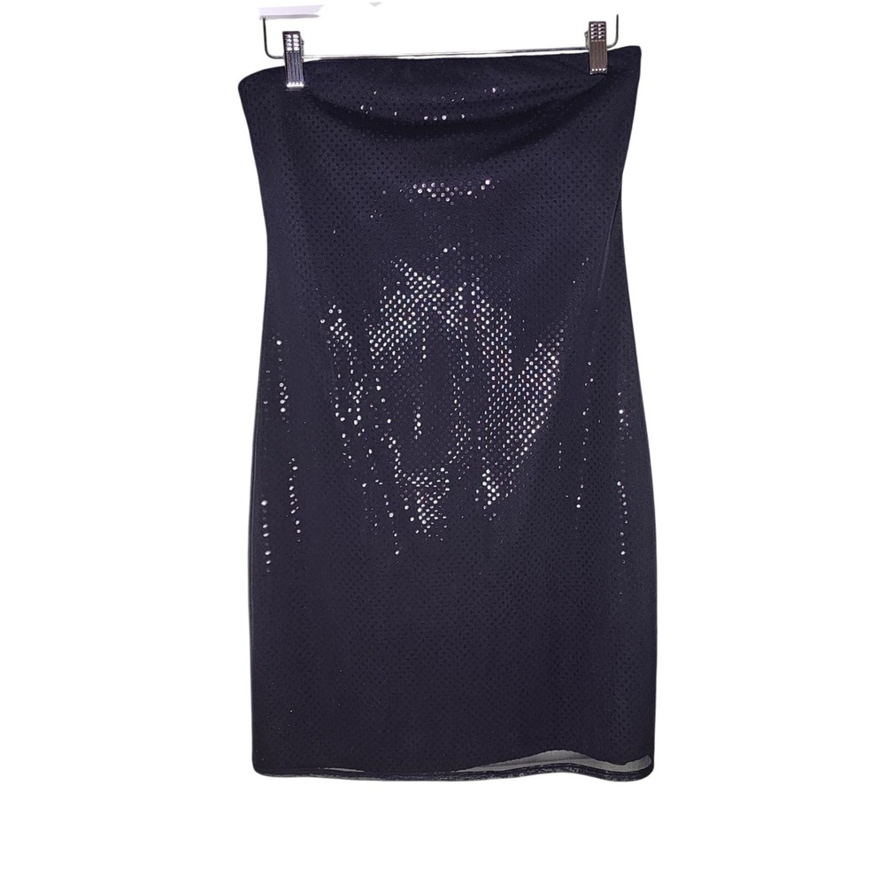 Vintage Y2K Black Sequined Strapless Mini Dress Mesh Overlay Party Express 9/10